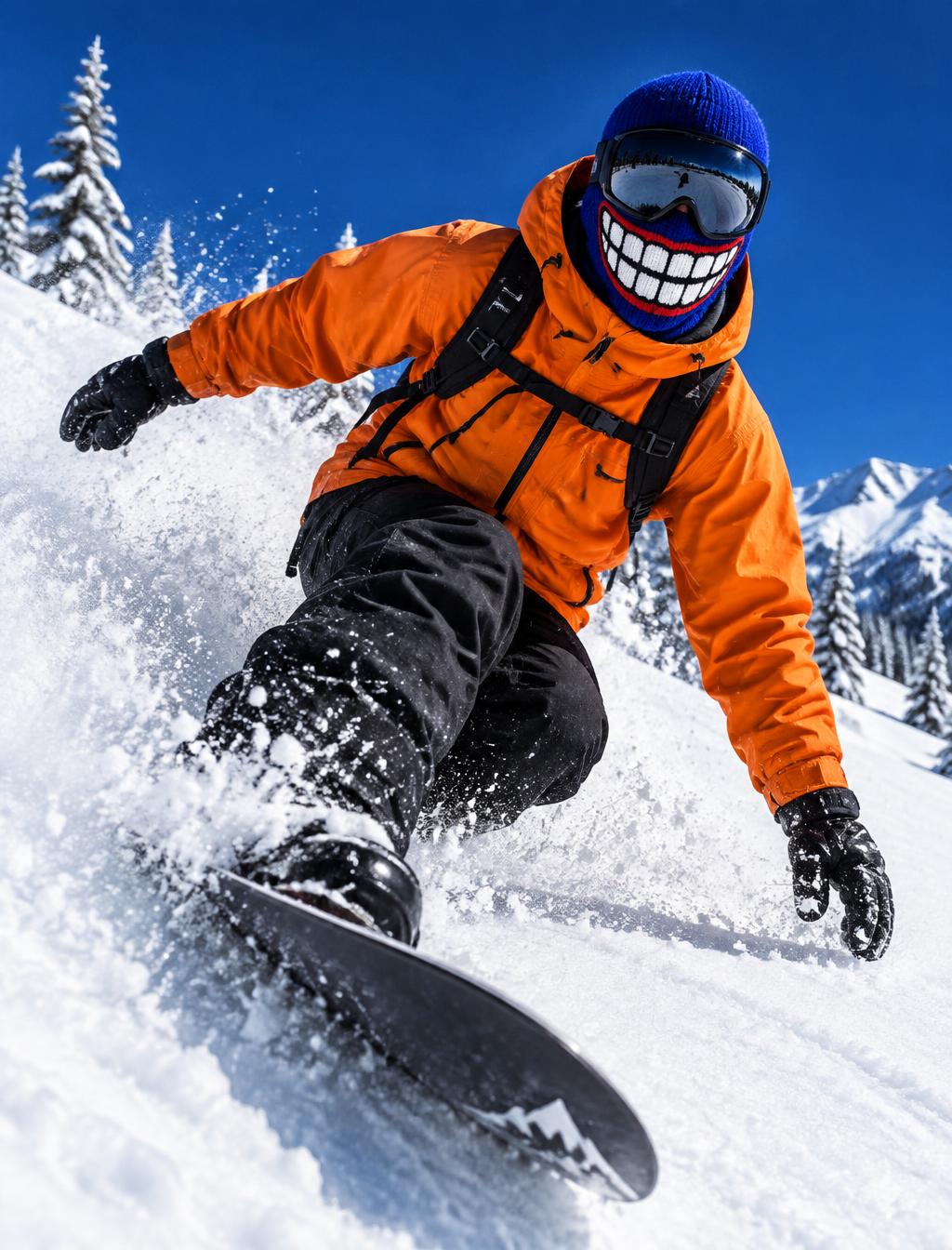 Snowboarder carving in a Loco Masks grin mask