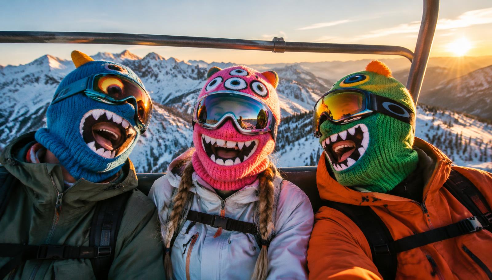 Friends on a chairlift wearing Loco Masks